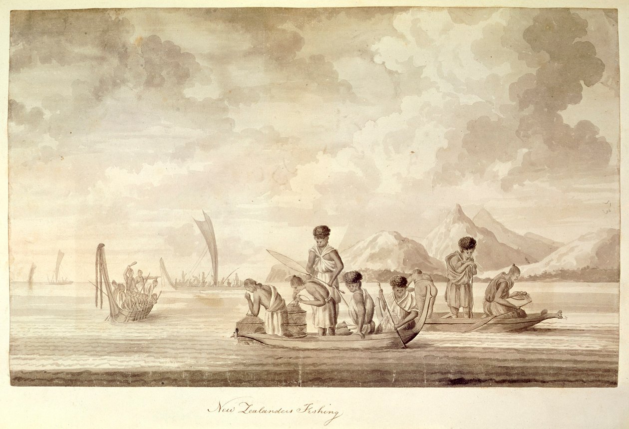 Add.23920, f.44 Nyzeeländare som fiskar, januari 1770 av Sydney Parkinson