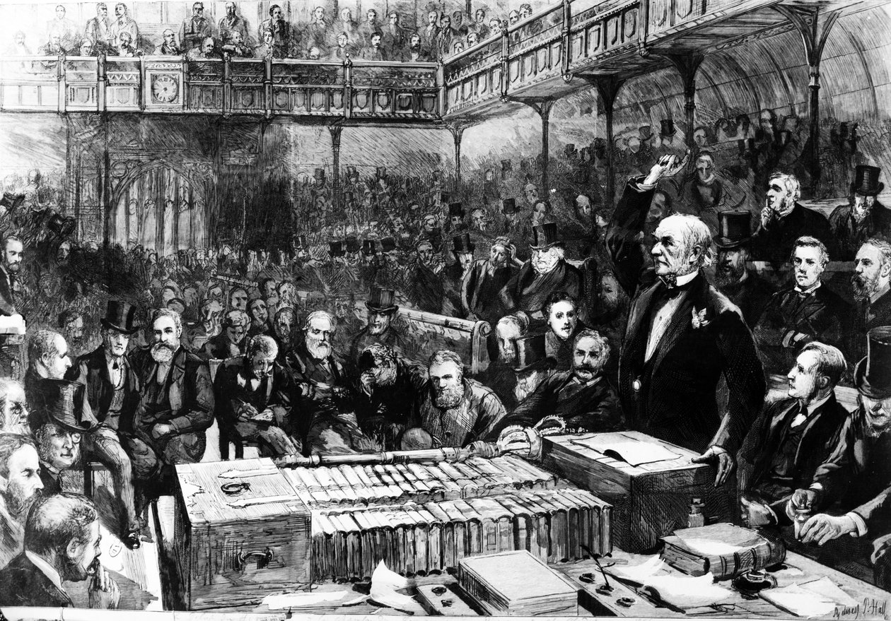 Hemstyredebatt i underhuset - Gladstones peroration, illustration från 