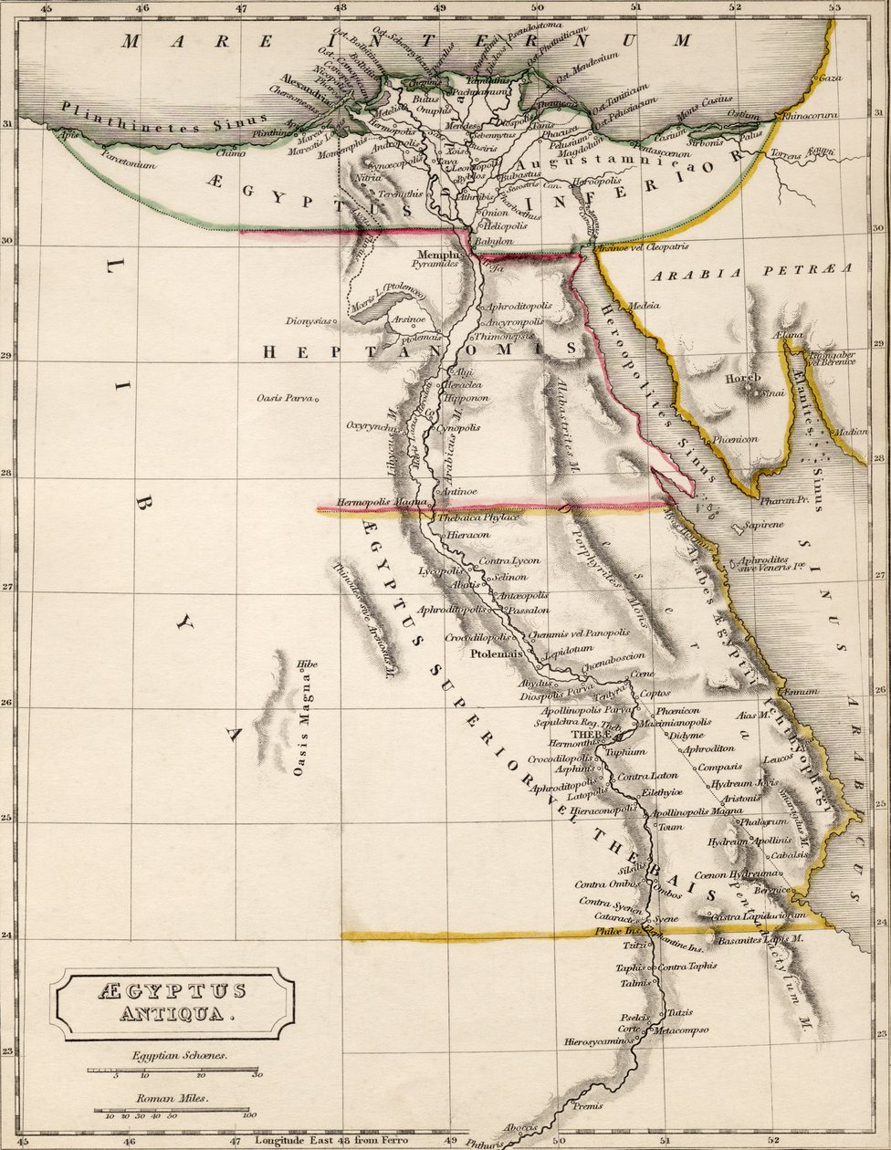 Karta över Aegyptus Antiqua (Forntida Egypten), ritad och graverad av Sydney Hall, ca 1826 av Sydney Prior Hall