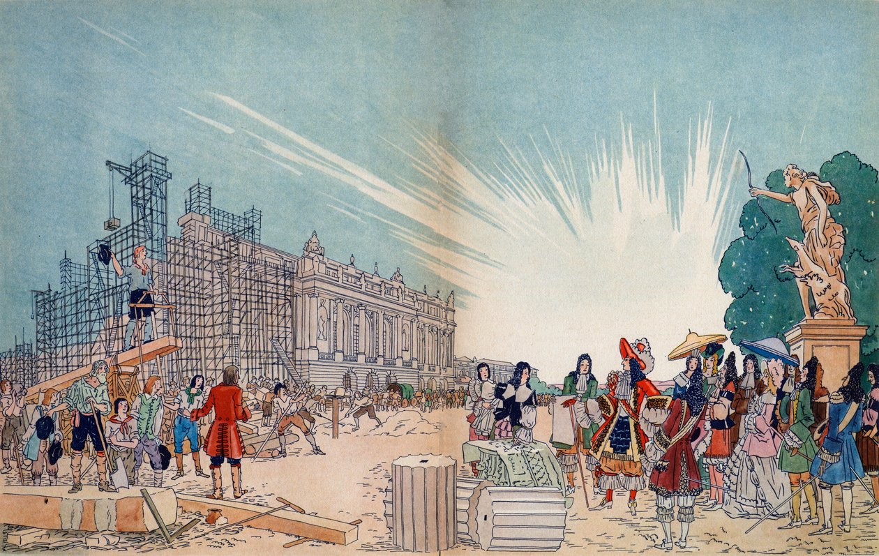 Uppförandet av slottet i Versailles 1678 enligt Jules Hardouin Mansarts planer, med Frankrikes kung Ludvig XIV i förgrunden - Illustration av Sylvain Sauvage (1888-1948) för av Sylvain Sauvage