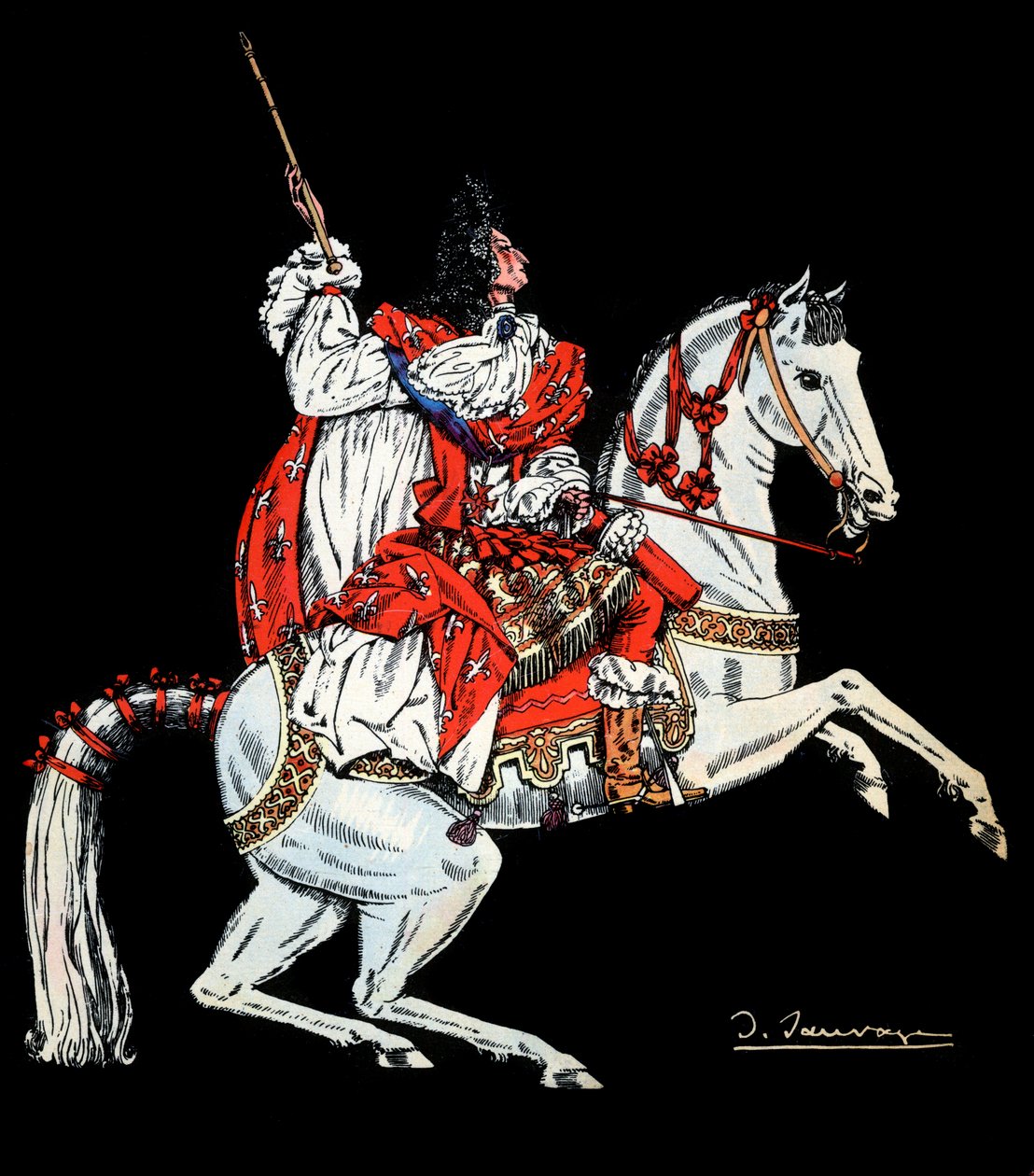 Ryttarporträtt av Ludvig XIV (1638 -1715), Frankrikes kung - Illustration av Sylvain Sauvage (1888-1948) för boken "Louis XIV" av Frantz Funck-Brentano (1862-1947) från 1938 - Uppmärksamhet! Användning av detta av Sylvain Sauvage