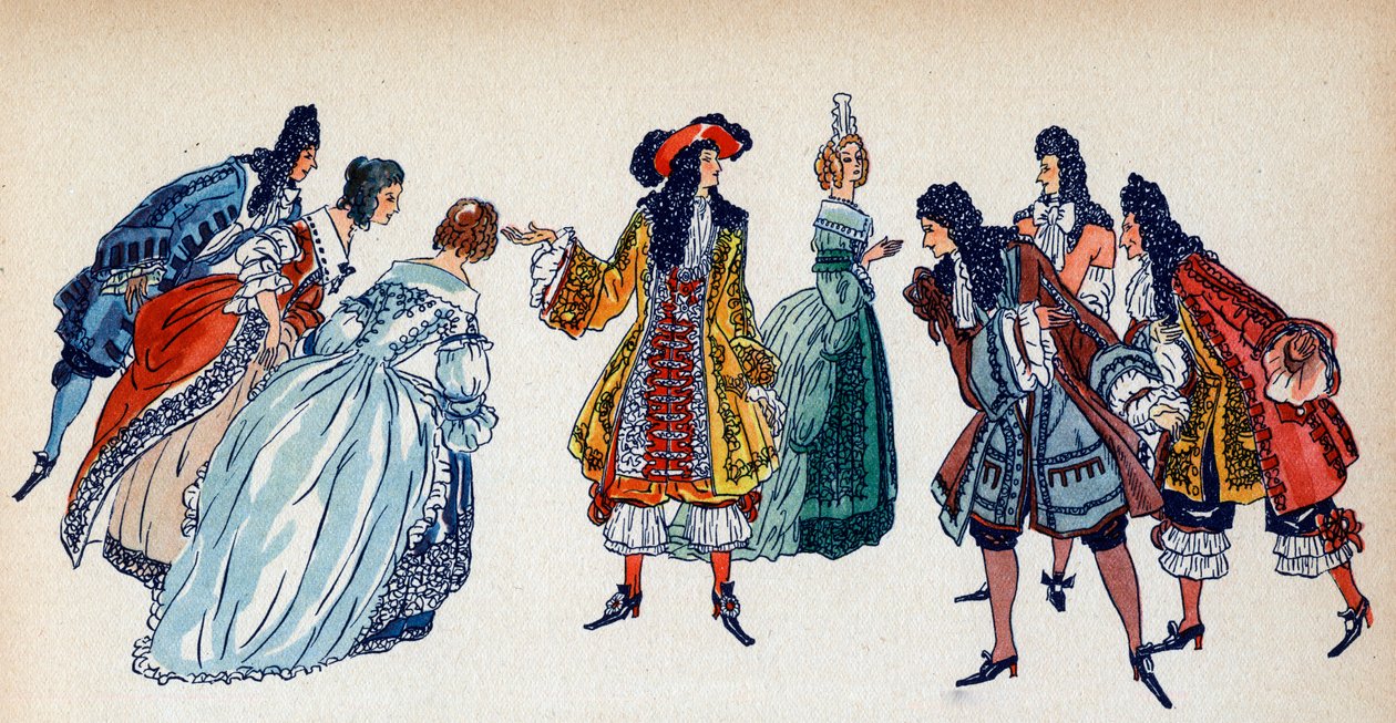 Kung Ludvig XIV mitt bland hovmännen - Illustration av Sylvain Sauvage (1888-1948) till boken "Louis XIV" av Frantz Funck-Brentano (1862-1947) från 1938 OBS! Användning av detta arbete kan vara sub av Sylvain Sauvage