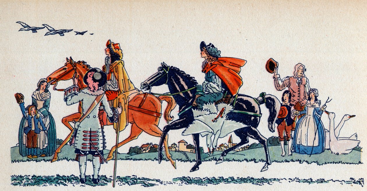 Kung Ludvig XIV jagar - Illustration av Sylvain Sauvage (1888-1948) till boken "Louis XIV" av Frantz Funck-Brentano (1862-1947) från 1938 OBS! Användning av detta verk kan vara föremål för en tredje del av Sylvain Sauvage