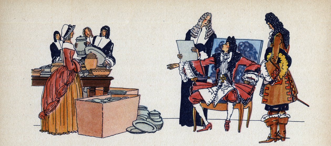 Ludvig XIV skickade för att gjuta sin gyllene servis - Illustration av Sylvain Sauvage (1888-1948) till boken "Louis XIV" av Frantz Funck-Brentano (1862-1947) från 1938. Var försiktig! Användning av detta verk kan vara föremål för av Sylvain Sauvage