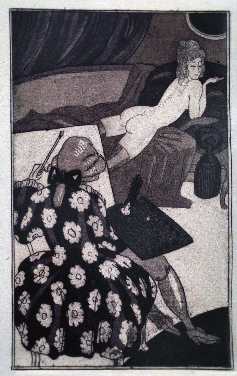 Erotik: Giacomo Casanova (1725-1798) porträtterar sin långsträckta älskarinna smäktande naken på en soffa (etsning) av Sylvain Sauvage