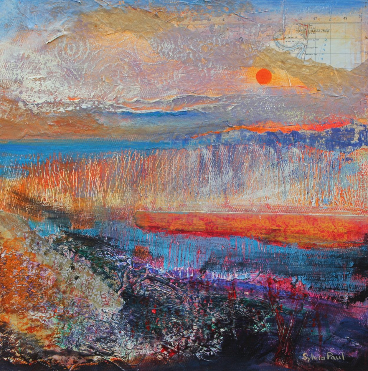 Marsh Sunset 2013, akrylpapperscollage av Sylvia Paul