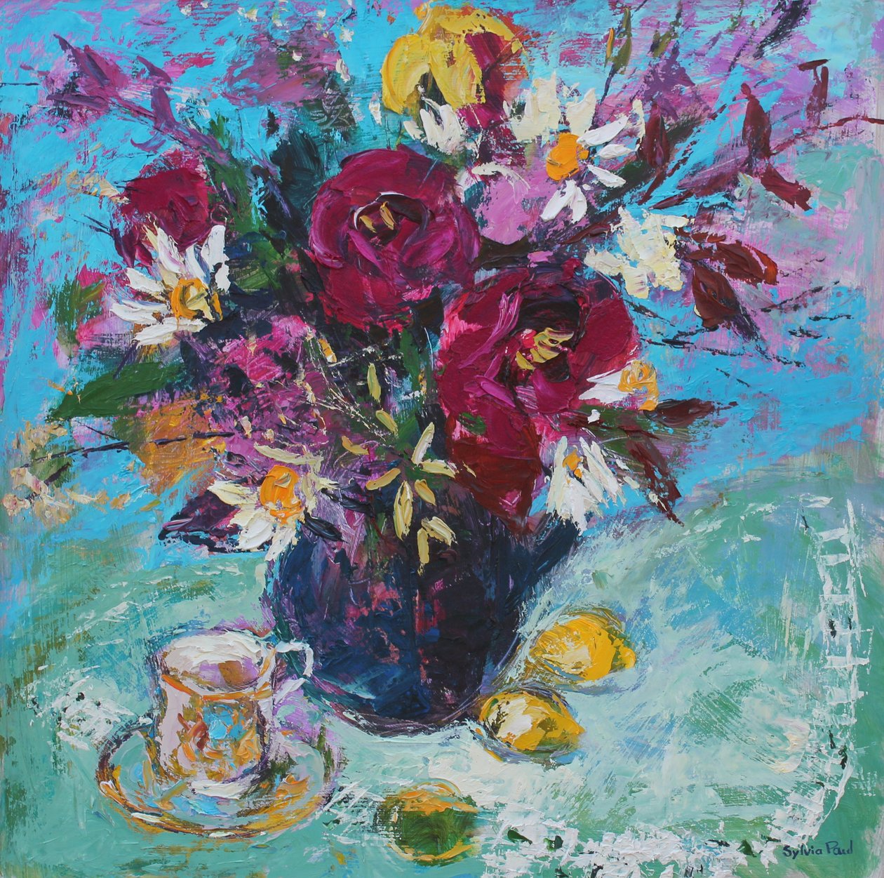 Stilleben med tekopp, 2013, olja ombord av Sylvia Paul