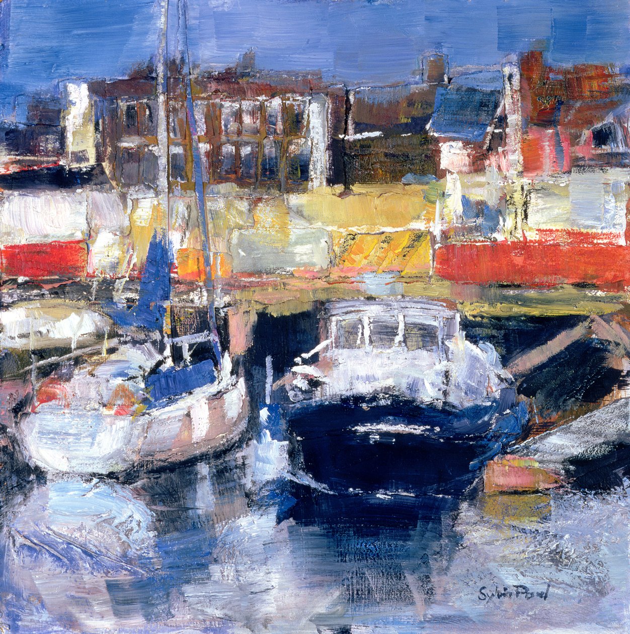 Lowestoft Harbour View (blandade media och collage på papper) av Sylvia Paul