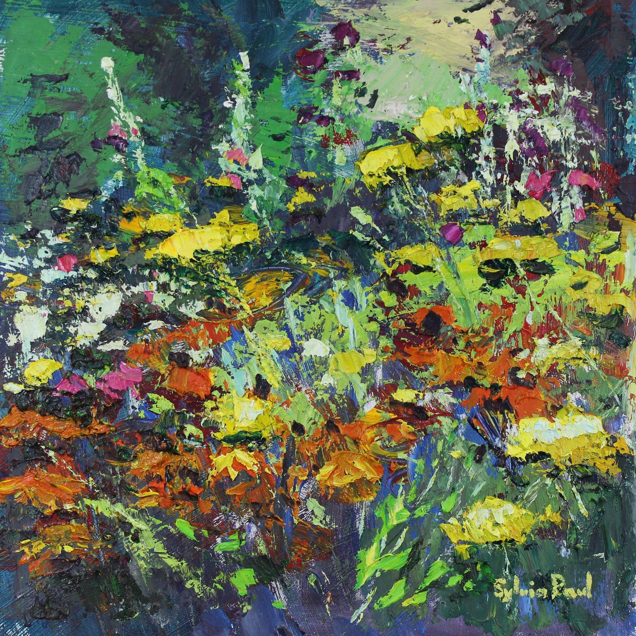 Sunny Garden Colours, 2021 (olja på duk) av Sylvia Paul