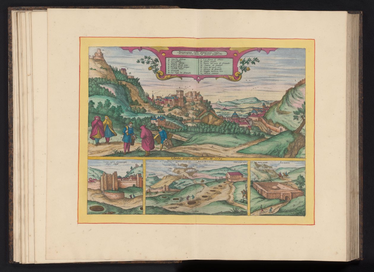 Se över Alhambra i staden Granada Granadas vackraste slott, vanligen kallat Alhambra, sett från öster (titel på objektet) av Symon Novelanus (possibly)
