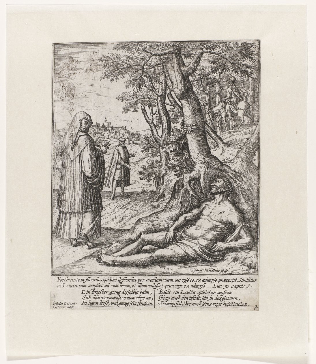En präst och en levit passerar och lämnar den skadade resenären Liknelsen om den barmhärtige samariten (serietitel) av Symon Novelanus