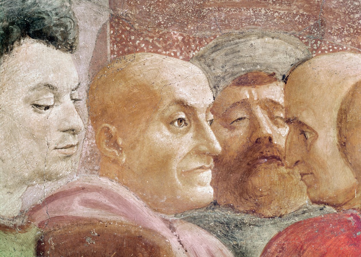 Detalj av mäns huvuden till vänster om kejsaren, från Theophilus sons uppfostran och St. Peter som tronades som förste biskop av Antiokia, ca 1427 och ca 1484-85 (detalj av 63302) av Tommaso Masaccio