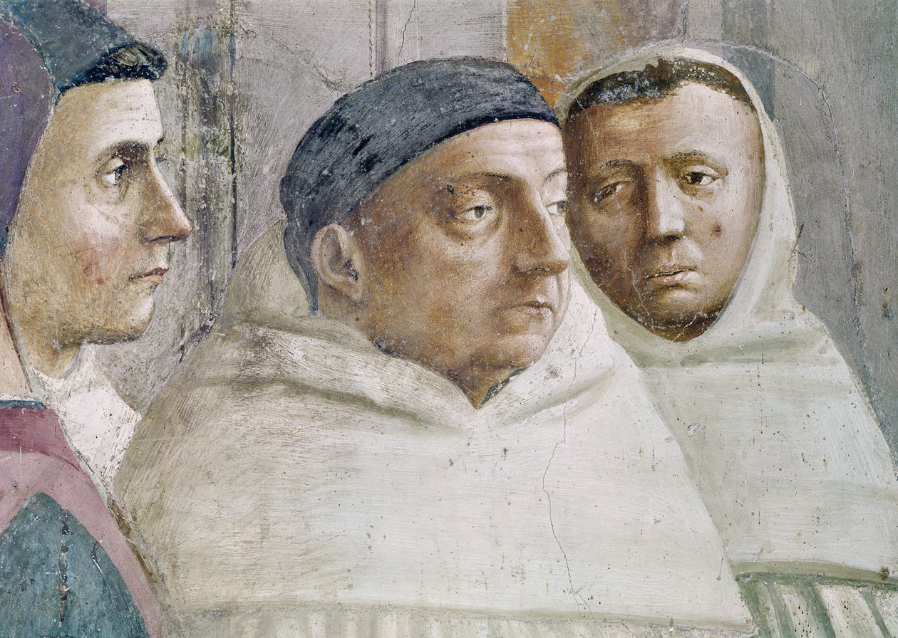 Detalj av två munkar, från Theophilus Sons uppfostran och St. Peter som tronades som förste biskop av Antiokia, ca 1427 och ca 1484-85 (detalj av 63302) av Tommaso Masaccio