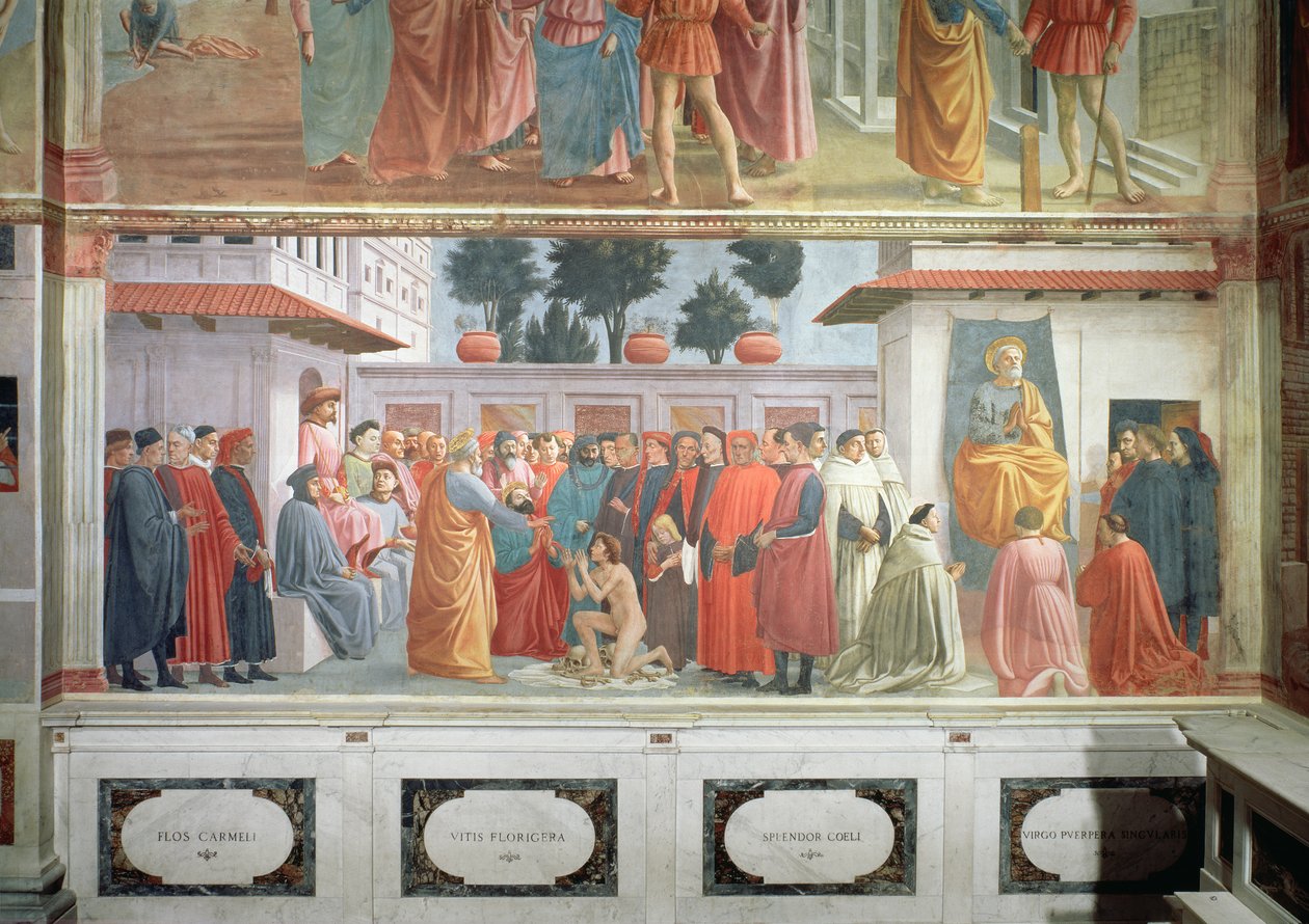 Uppfostran av Theophilus Son, konungen av Antiokia, och St. Peter tronade som förste biskop av Antiokia, ca 1427 och ca 1480 av Tommaso Masaccio