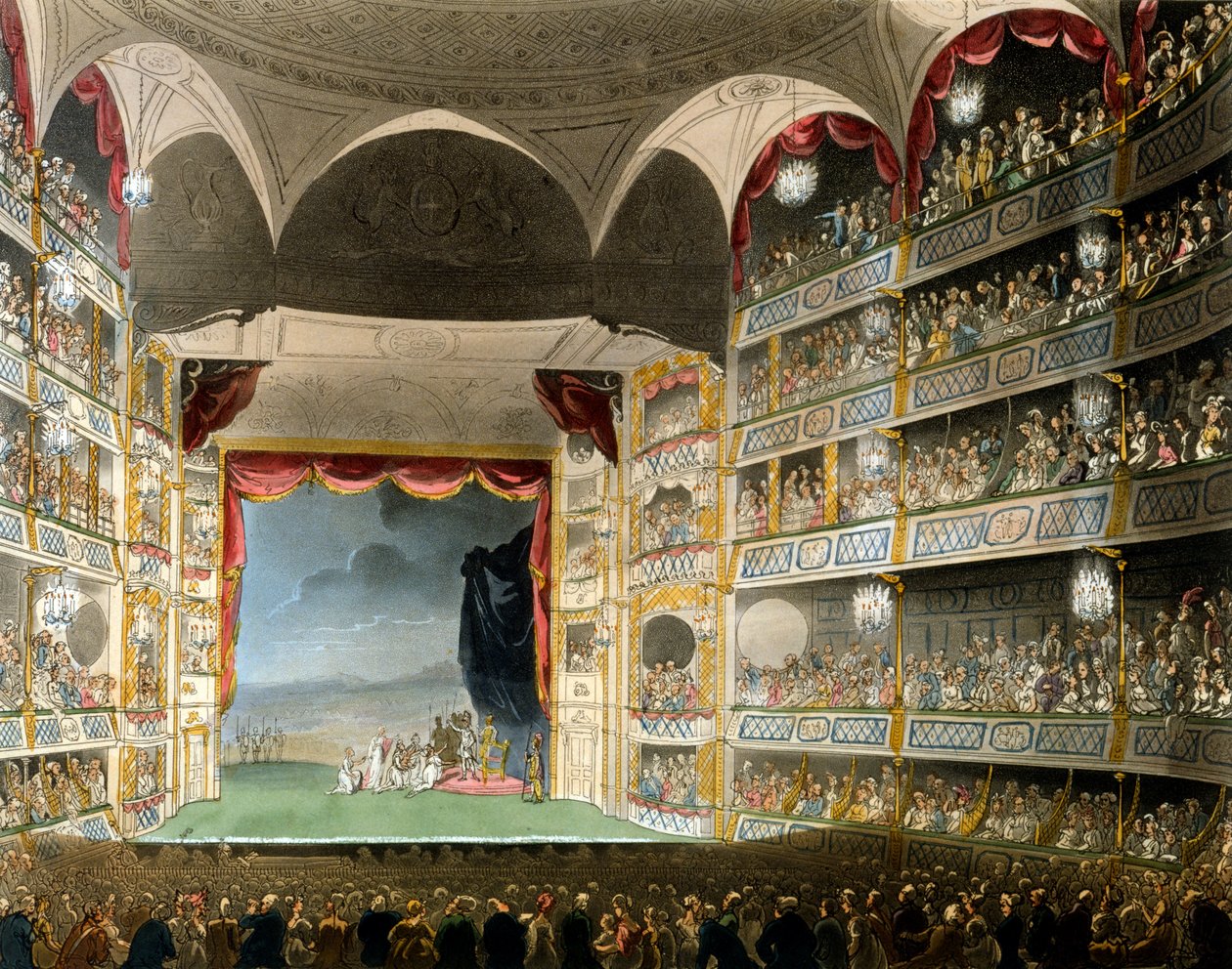 Drury Lane Theatre, från Microcosm of London, av R Ackermann, 1808 (handkolorerad akvatint) av Pugin and Rowlandson