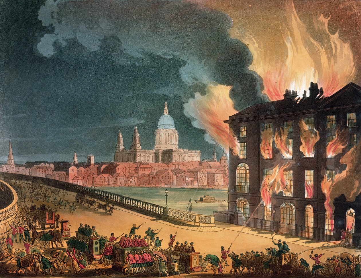 Brand vid Albion Mill, Blackfriars Bridge, från Ackermanns "Microcosm of London" c.1808-11 av Pugin and Rowlandson