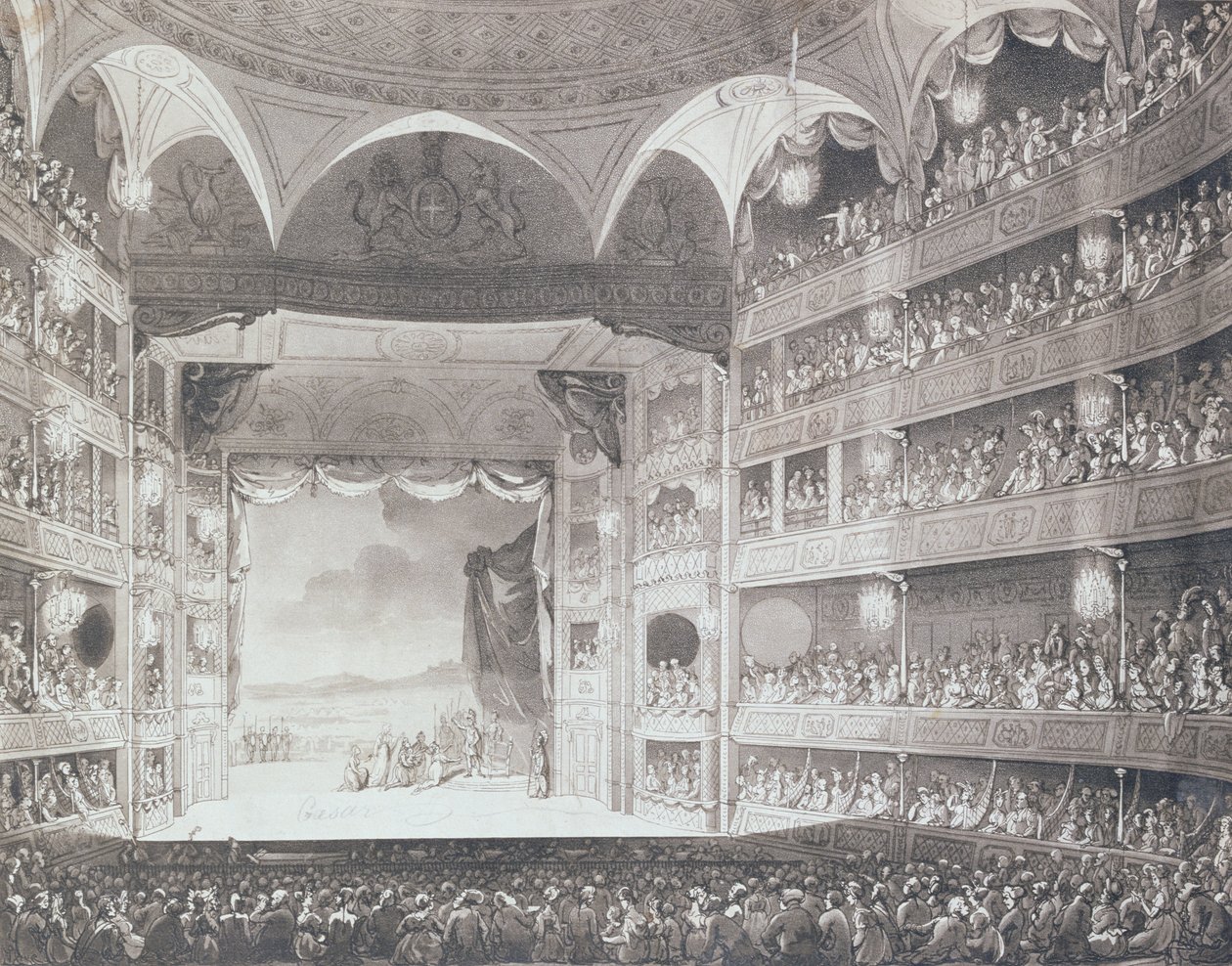 Interiör av Drury Lane Theatre, London, 1808 (akvatint) av Pugin and Rowlandson