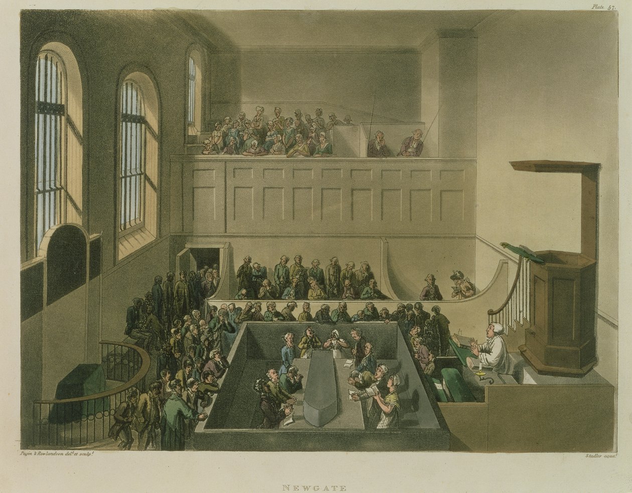 Newgate Chapel, graverad av Joseph Constantine Stadler (fl.1780-1812) pub. av R. Ackermann, 1809 (akvatint) av Pugin and Rowlandson
