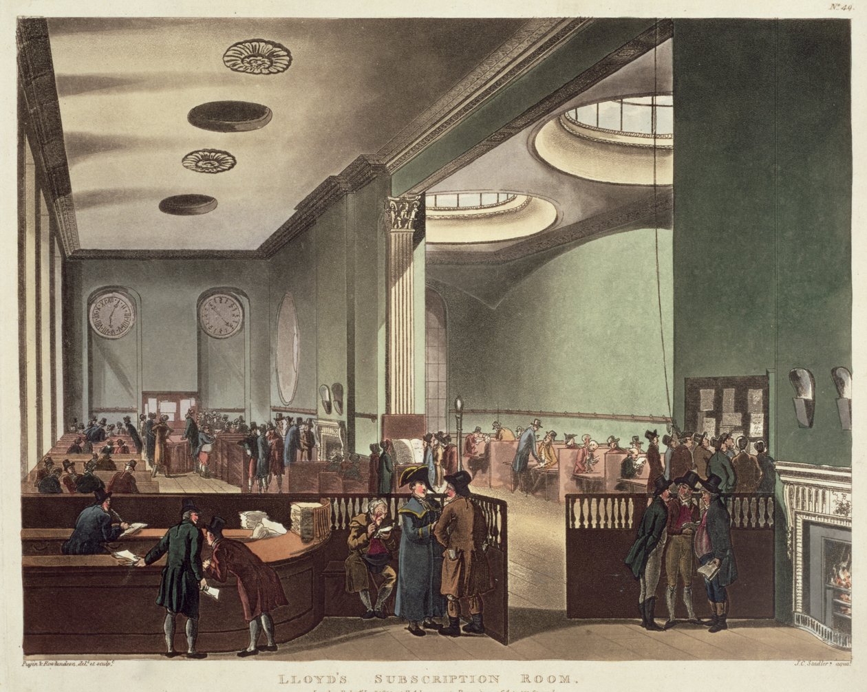 Royal Exchange, Lloyds Subscription Room, från Ackermanns "Microcosm of London", 1809 (färgakvatint) av Pugin and Rowlandson