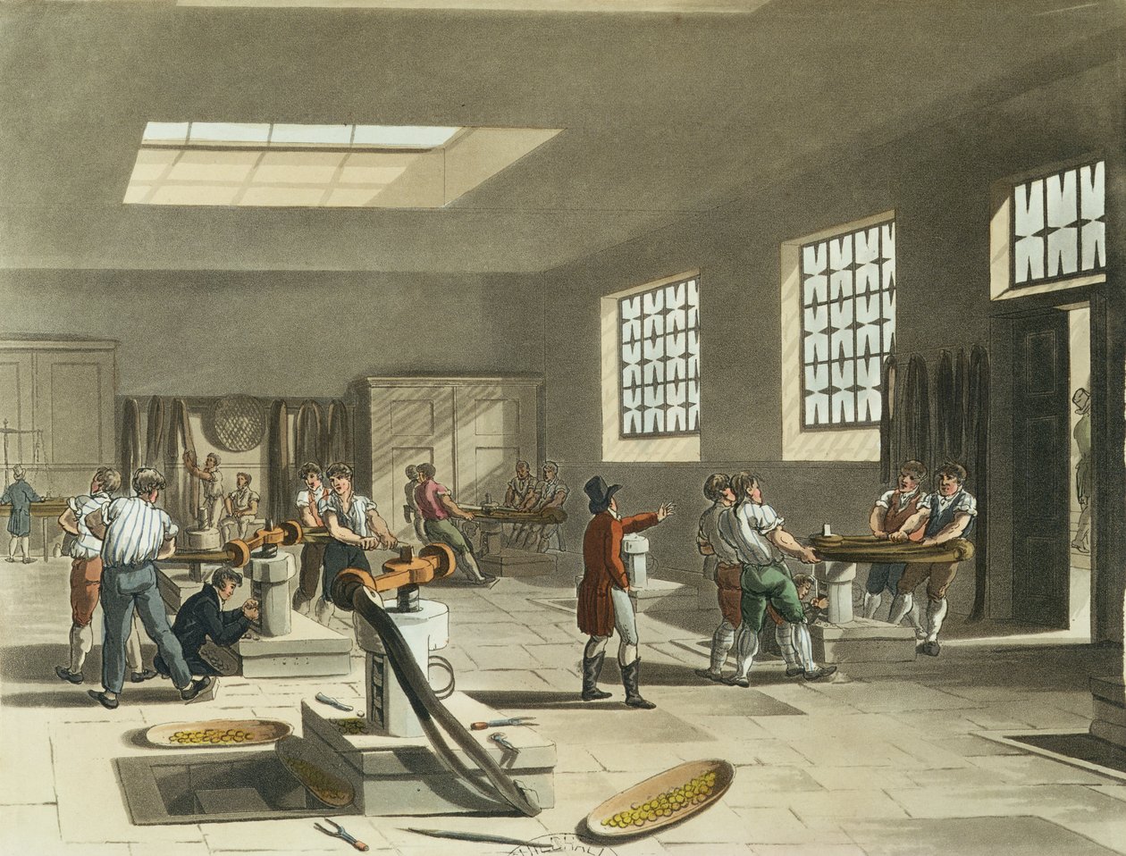 Royal Mint, Stamping Room från Ackermanns "Microcosm of London" av Pugin and Rowlandson