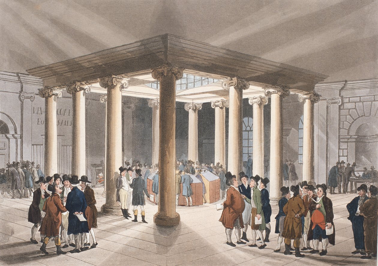 The Coal Exchange, Lower Thames Street från Ackermanns "Microcosm of London" av Pugin and Rowlandson