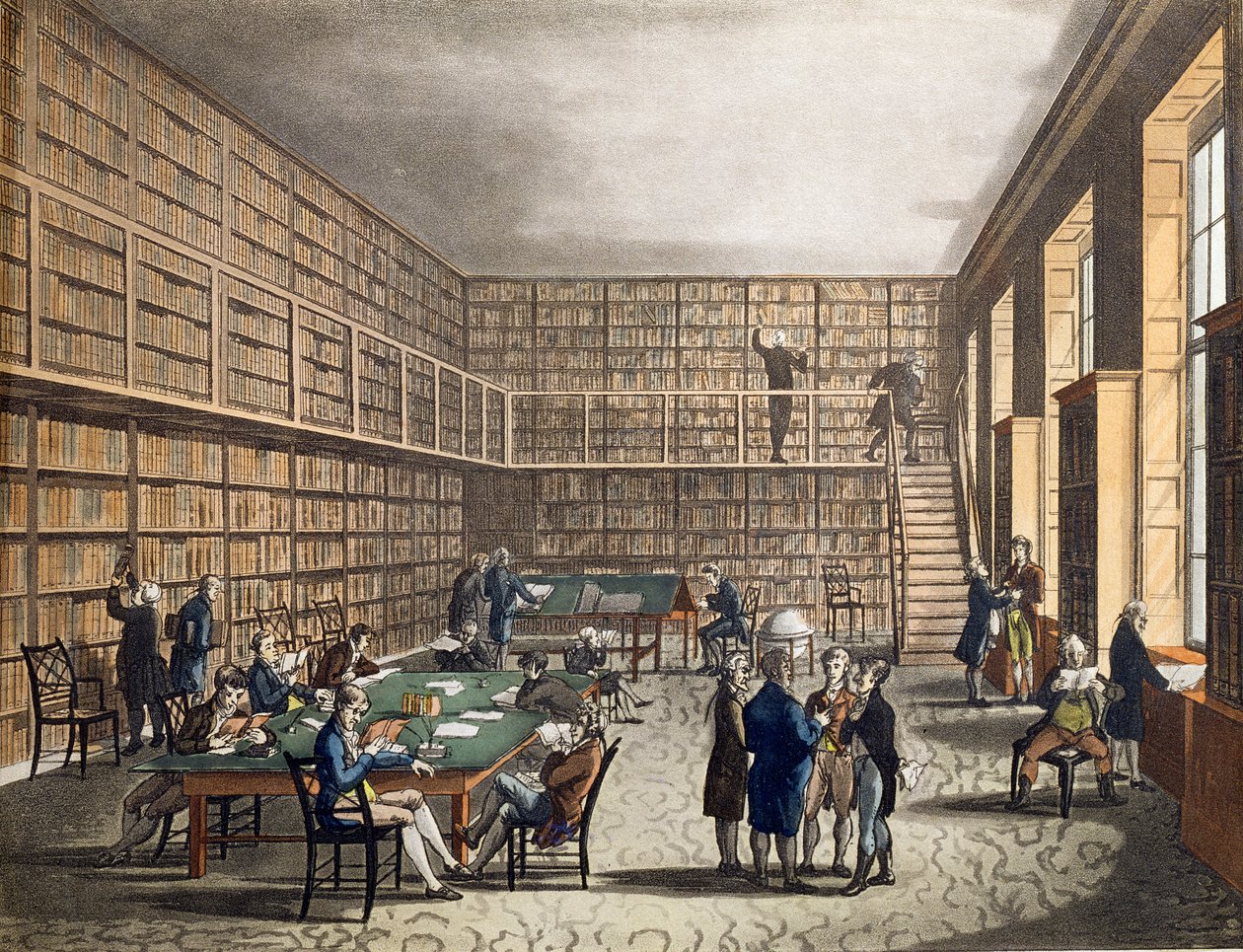 Biblioteket vid The Royal Institution, Albemarle Street, graverat av Joseph Constantine (fl.1780-1812) Stadler, 1809 av Pugin and Rowlandson