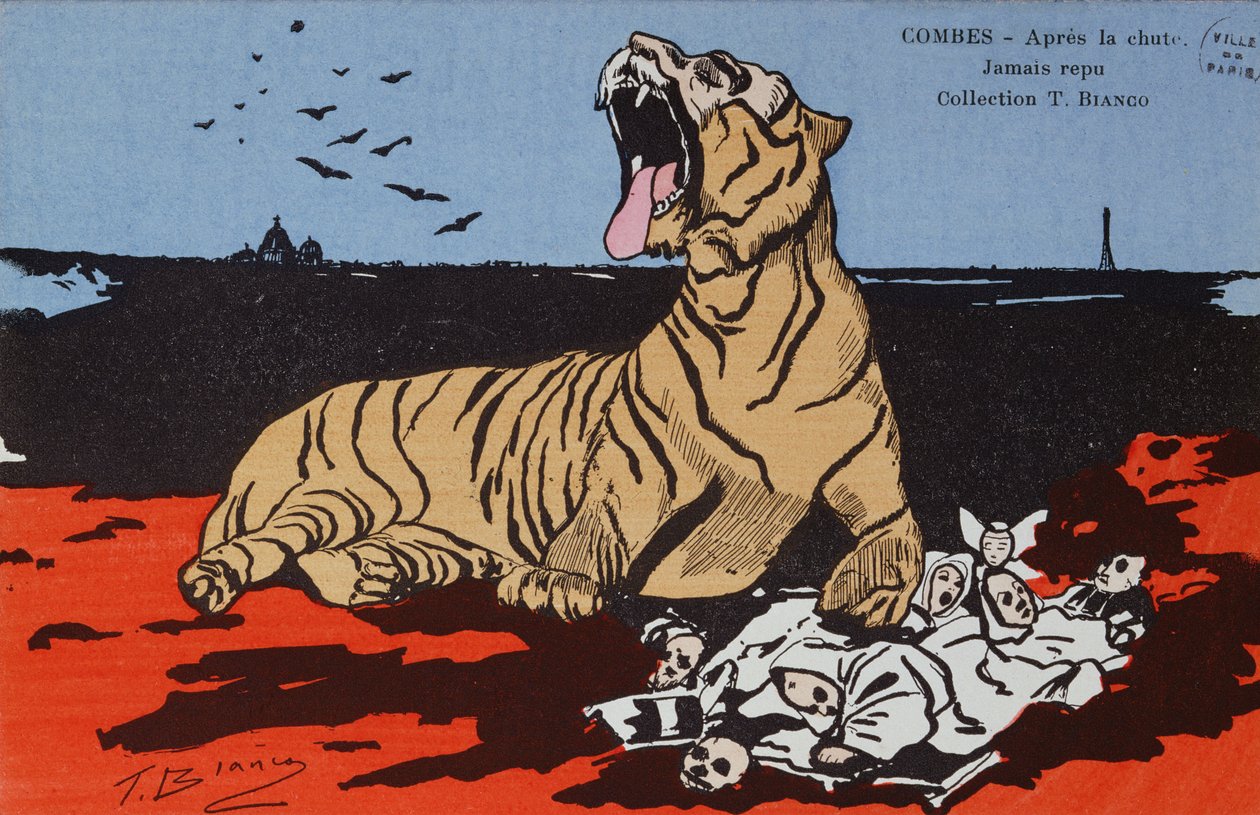 Karikatyr av Justin-Louis-Emile Combes (1835-1921) som en tiger som äter prästerna, omslag till 
