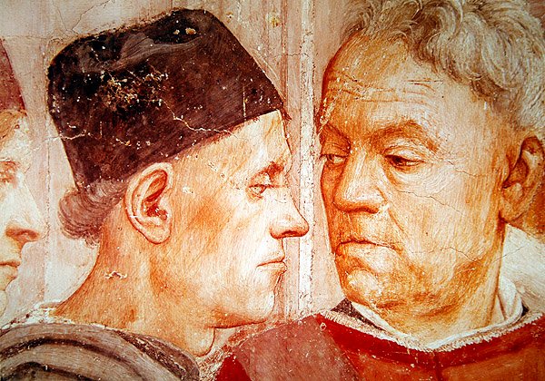 Detalj av dignitärer, från uppfostran av Theophilus Son och St. Peter tronade som förste biskop av Antiokia, ca 1427 och ca 1484-85 av Tommaso Masaccio