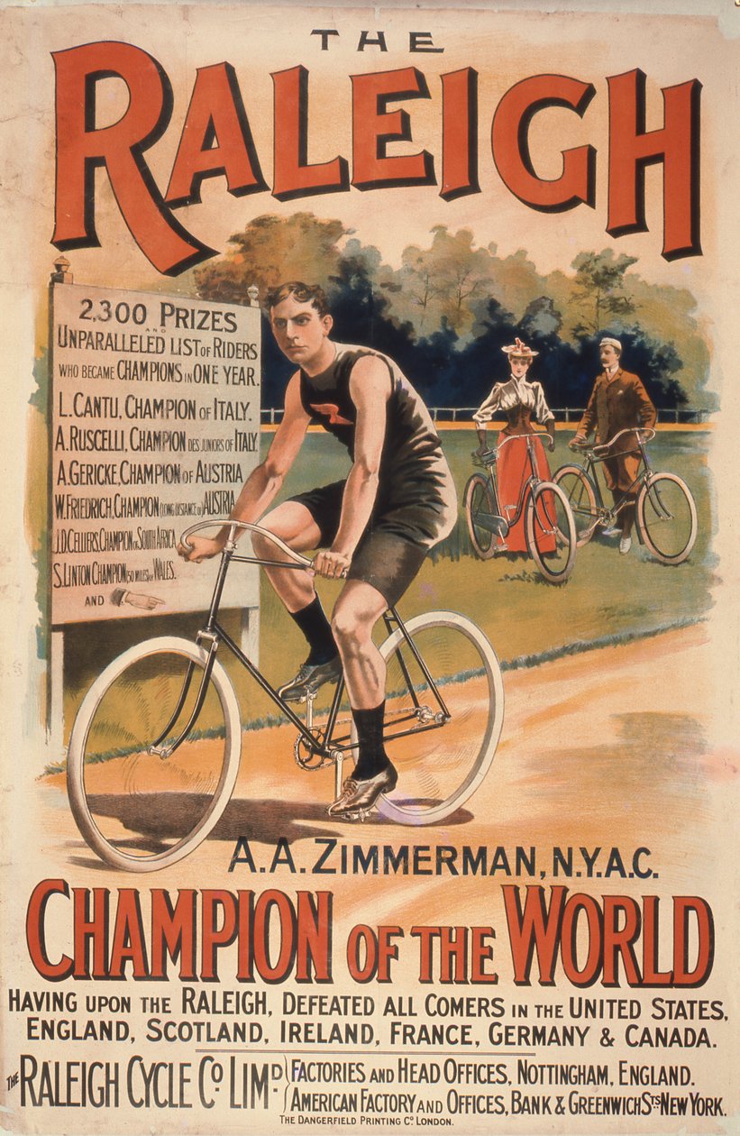 Affischreklam cyklar Raleigh med ett porträtt av Arthur Augustus Zimmerman, världsmästare, 1893 av T. Moore