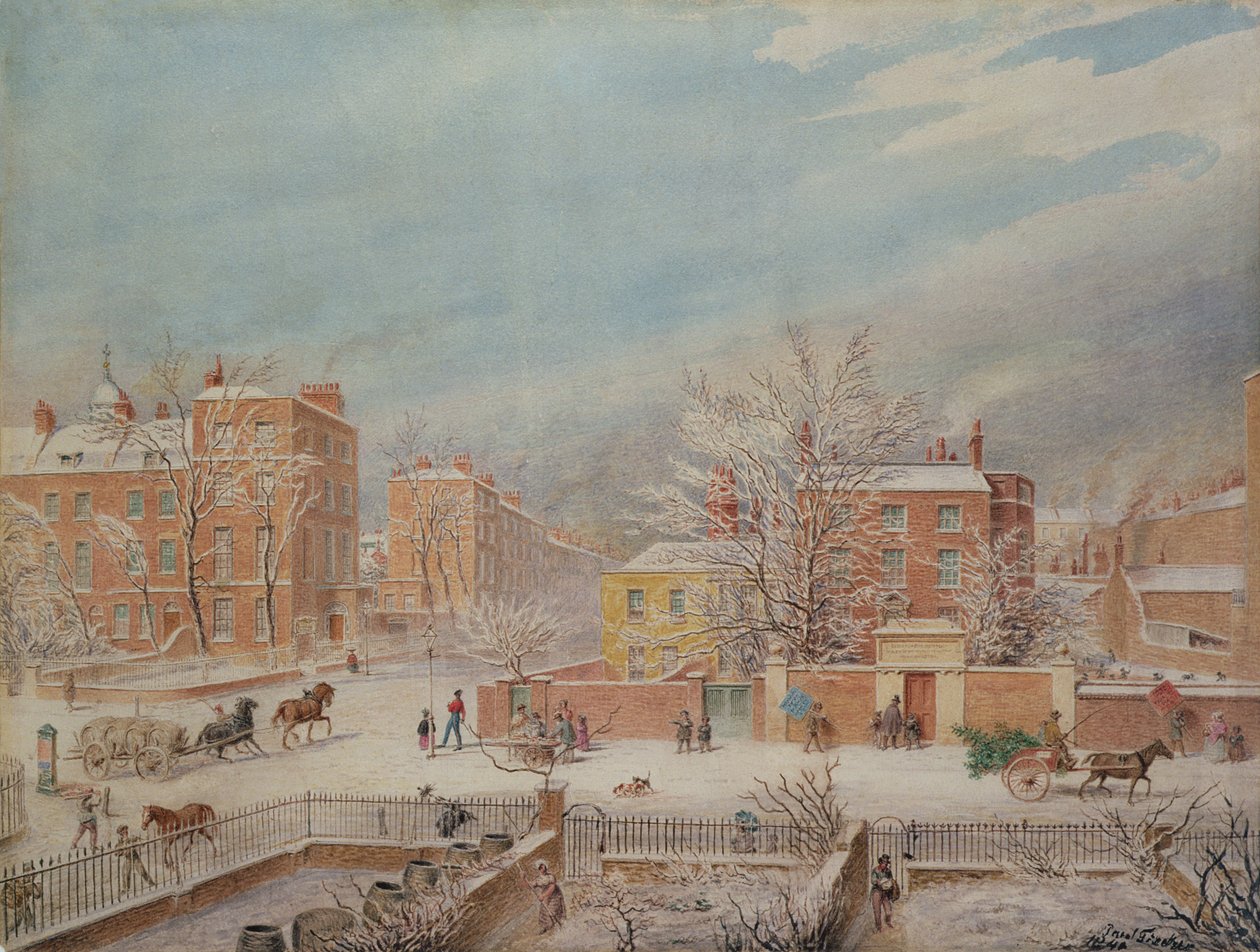 Marylebone Road vid korsningen med Lisson Grove och Stingo Lane med den filologiska skolan på vintern, 1849 av T. Paul Fisher