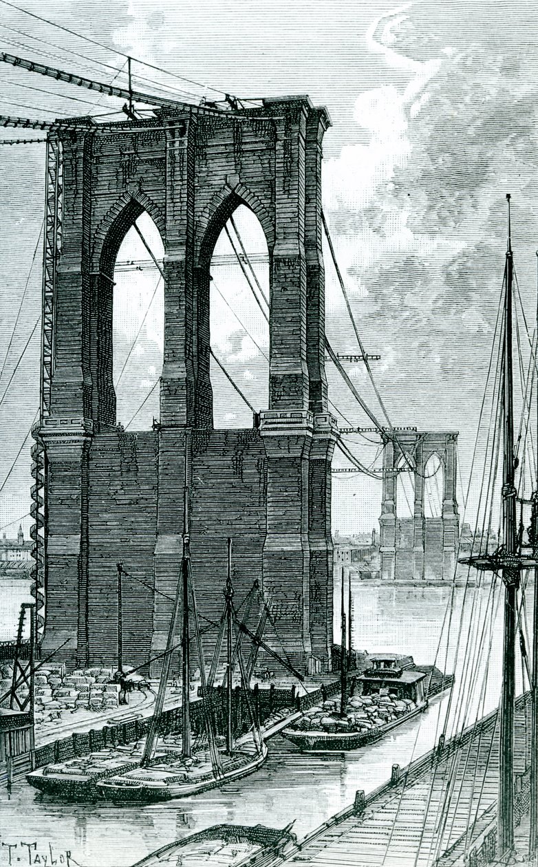 Brooklyn Bridge under Construction, ritad efter ett fotografi, 1878 av T. Taylor