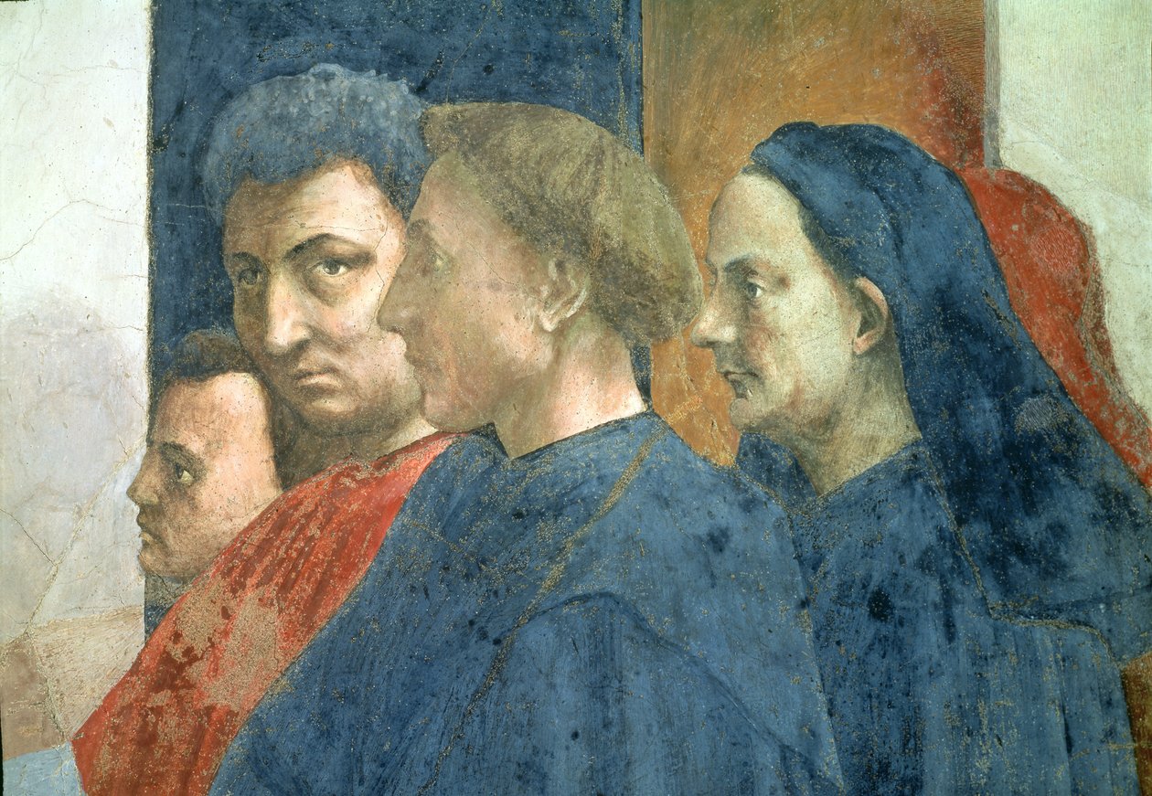 Uppståndelsen av sonen till Theofilus, kung av Antiokia, och Sankt Petrus tronad som Antiokias första biskop (detalj av ansiktena längst till höger i folkmassan) ca 1427 och ca 1480 (se även 63302) av Tommaso Masaccio