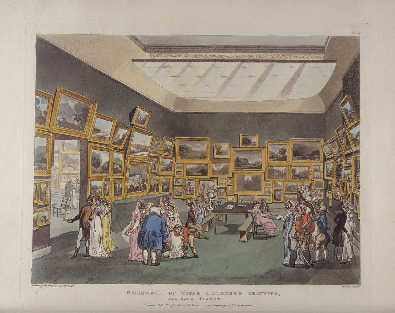 Utställning av vattenfärgade teckningar, Old Bond Street, skylt 34, från Ackermanns Microcosm of London, eller London i miniatyr, publicerad av Rudolph Ackermann (1764-1834) graverad av Joseph Constantin av T. and Pugin Rowlandson