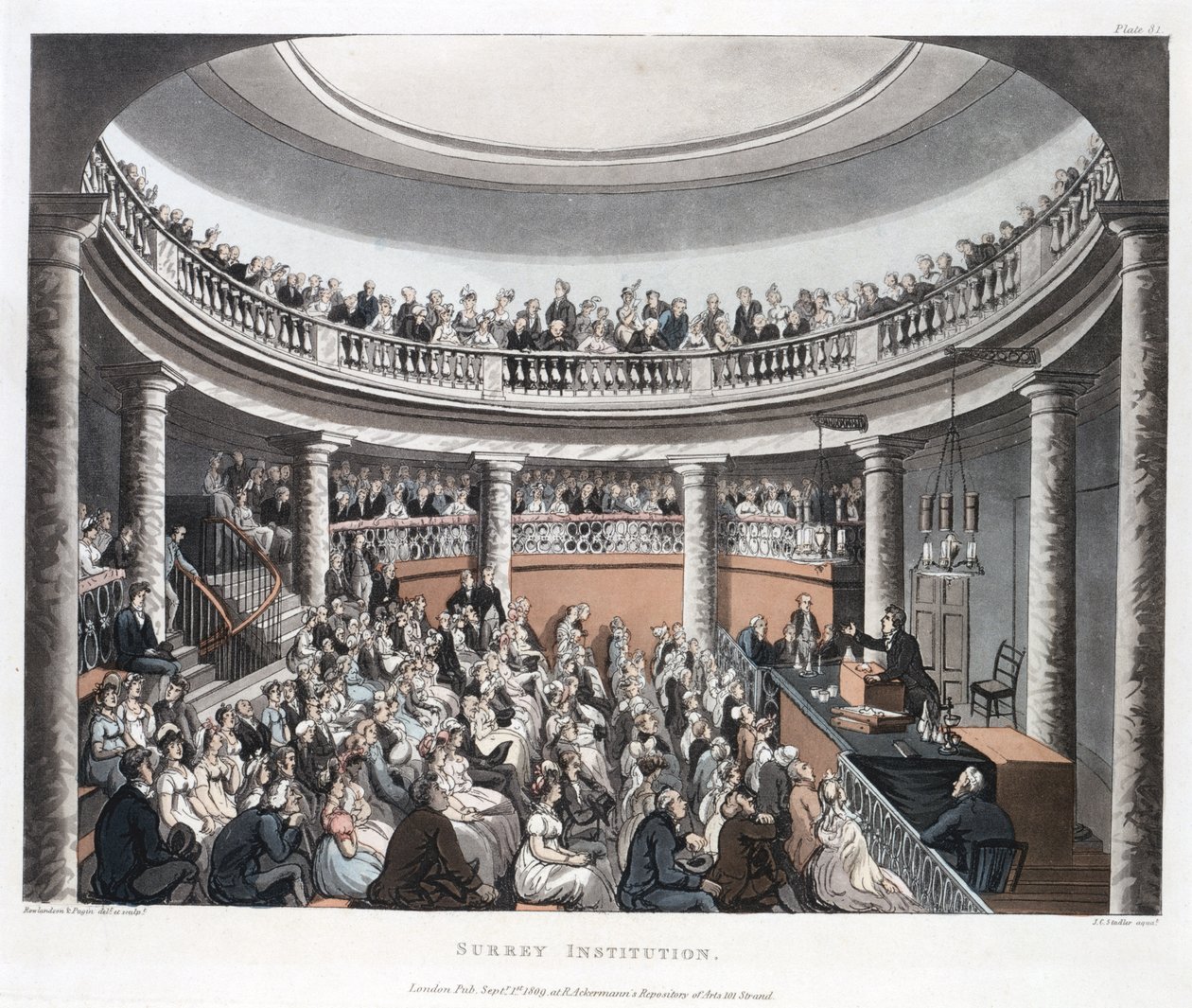 Surrey Institution, Blackfriars, från Ackermanns Microcosm of London, graverad av Joseph Constantine Stadler (fl.1780-1812) 1808 (färgad akvatint) av T. and Pugin Rowlandson