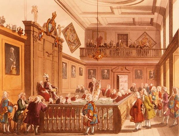 Ridderliga domstolen i session i Earl Marshals Court vid College of Arms från Ackermanns Microcosm of London, 1809 av T. and Pugin Rowlandson