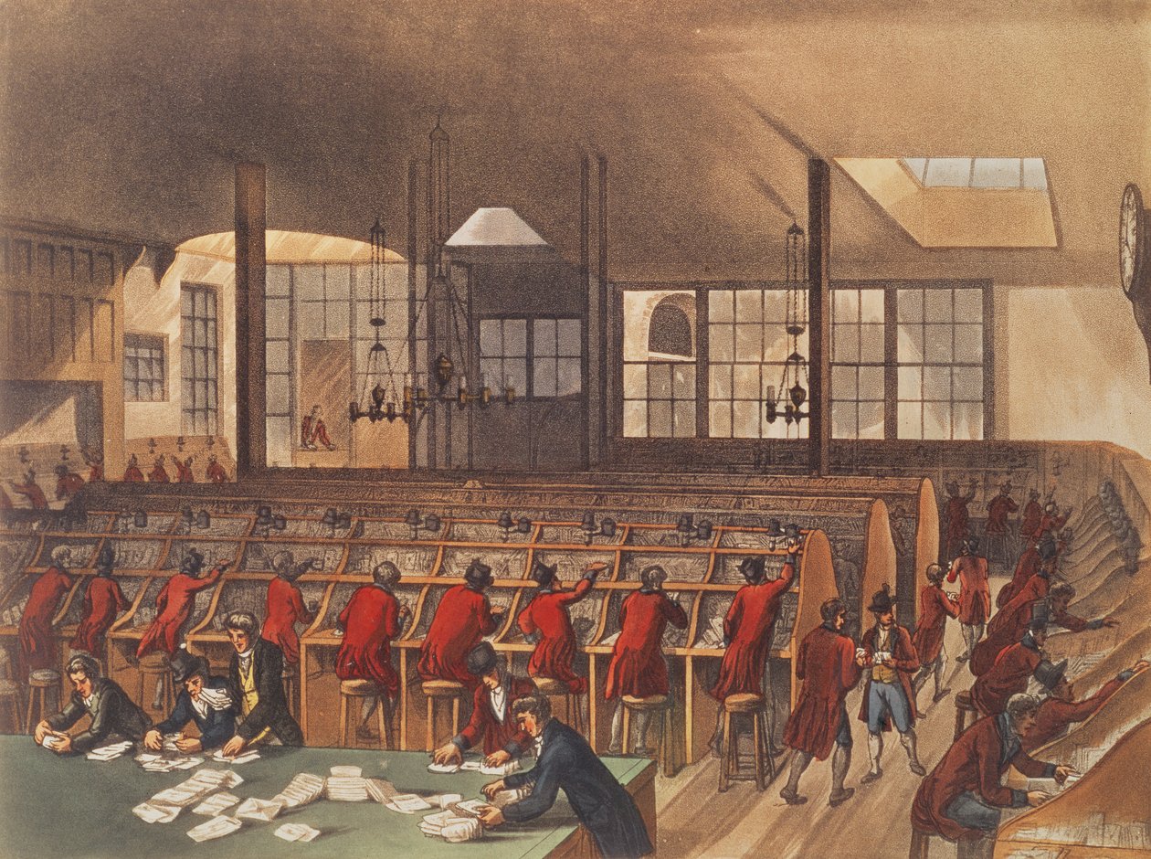 The Post Office, från Ackermanns Microcosm of London, Volym II, Pub. 1809 av T. and Pugin Rowlandson
