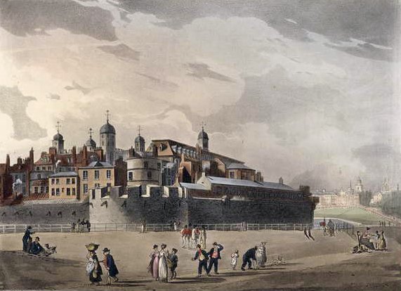 Utsikt över tornet, från Ackermanns Microcosm of London, volym III, Pub. 1809 (handfärgad akvatint) av T. and Pugin Rowlandson