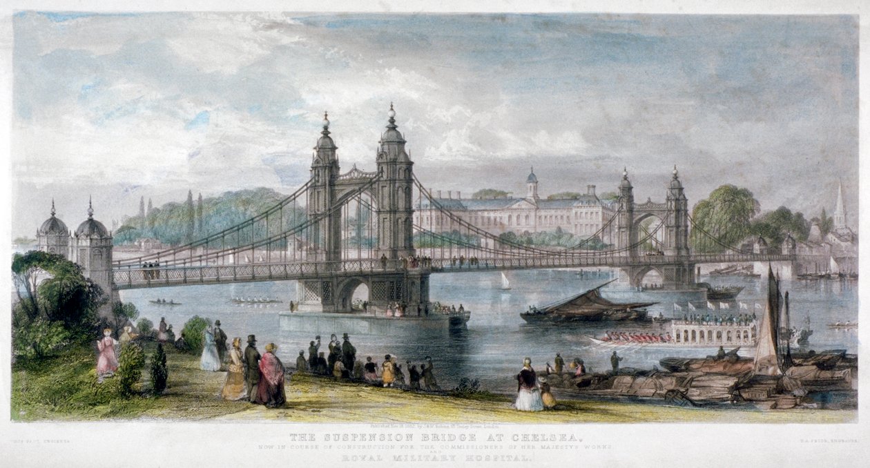 Utsikt över hängbron i Chelsea, London, 1852. av TA Prior
