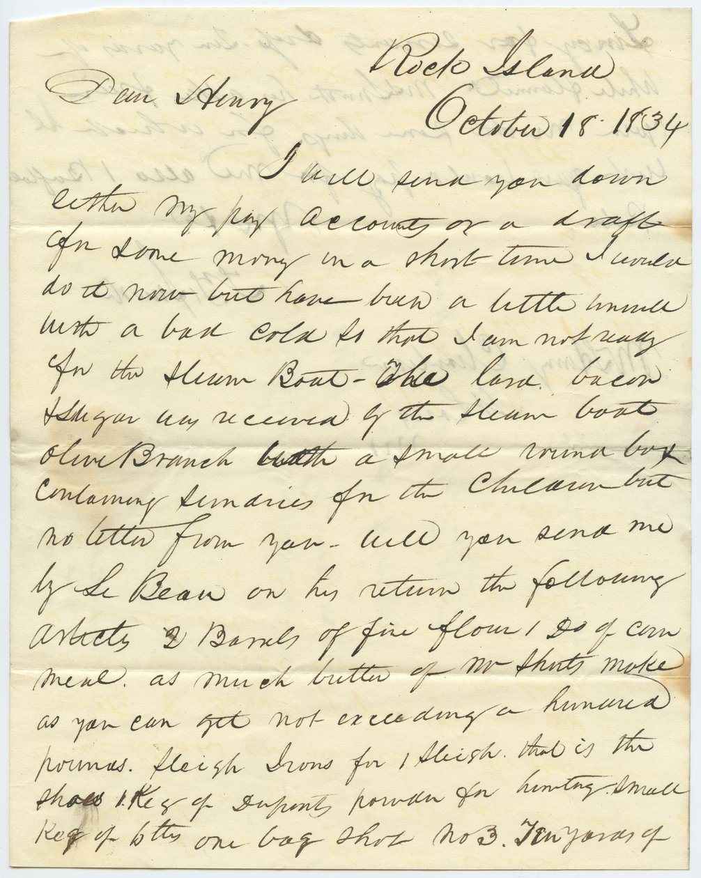 Letter signed T.F. Smith, Rock Island, to Henry Chouteau, St. Louis, Mo., October 18, 1834 av T.F. Smith