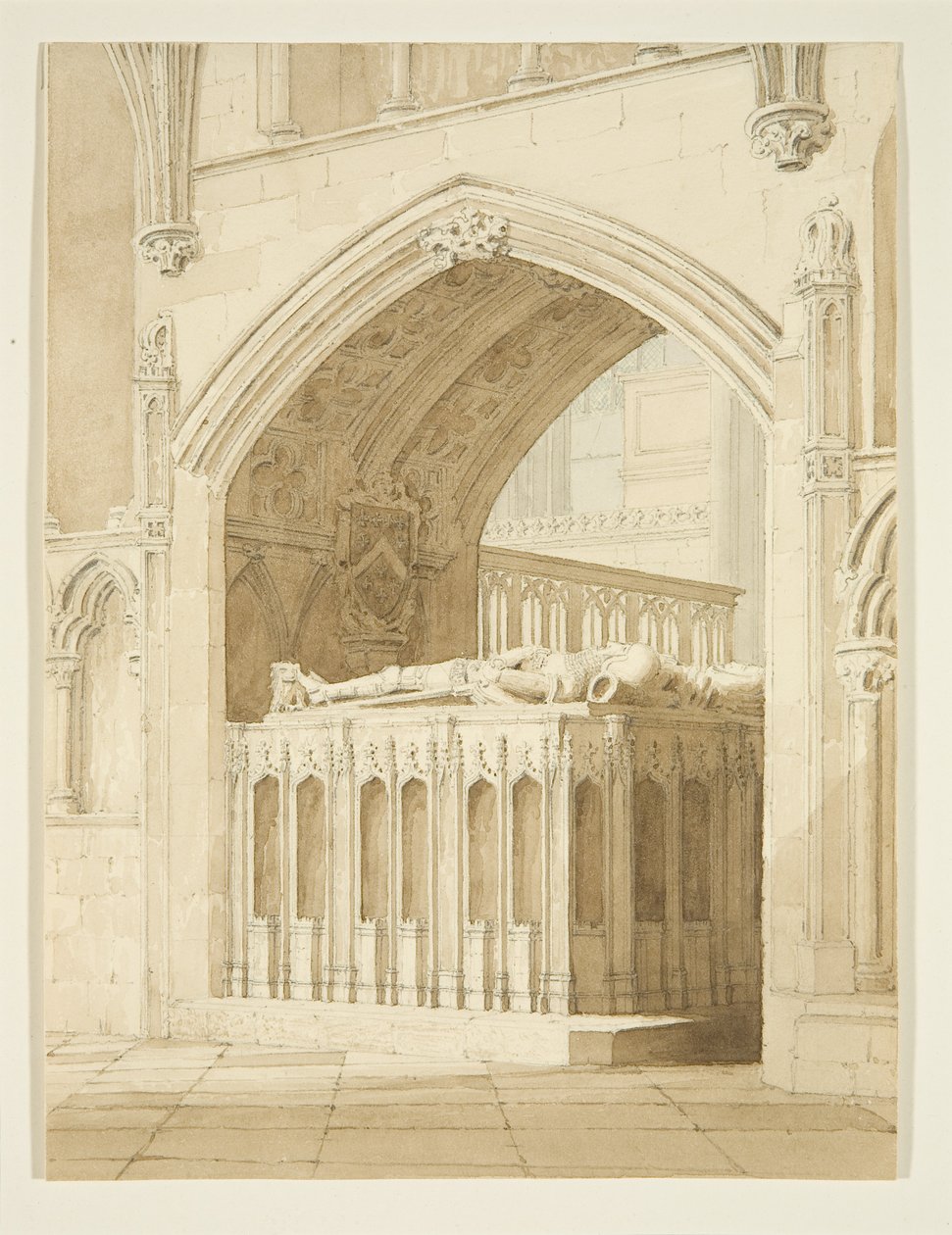 Tomb of Robert Fitzharding, död 1170, i Bristol Cathedral (penna och akvarell på papper) av T.H. Clarke