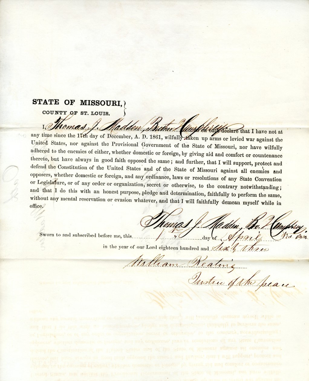 Loyalty oath of Thomas J. Madden of Missouri, County of St. Louis av T.J. Madden