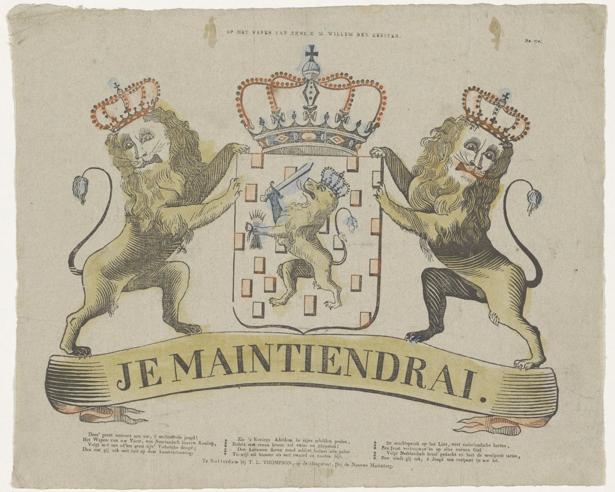 På vapenskölden till hans K. M. Willem den Eersteen (titel på objekt) av T.L. Thompson