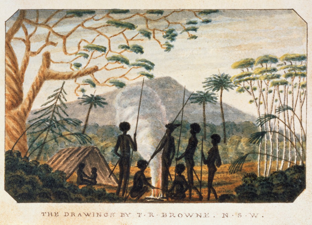 Grupp av aboriginer runt en lägereld, 1813 av T.R. Browne