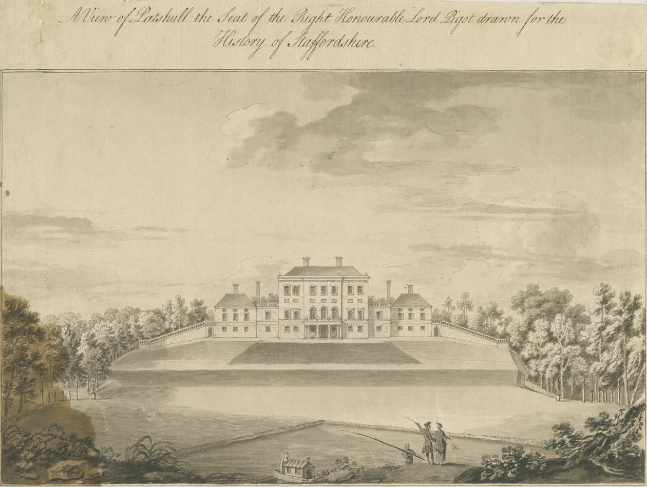 Patshull House: sepiatvättteckning, nd [sent 1700-tal] av T Carter