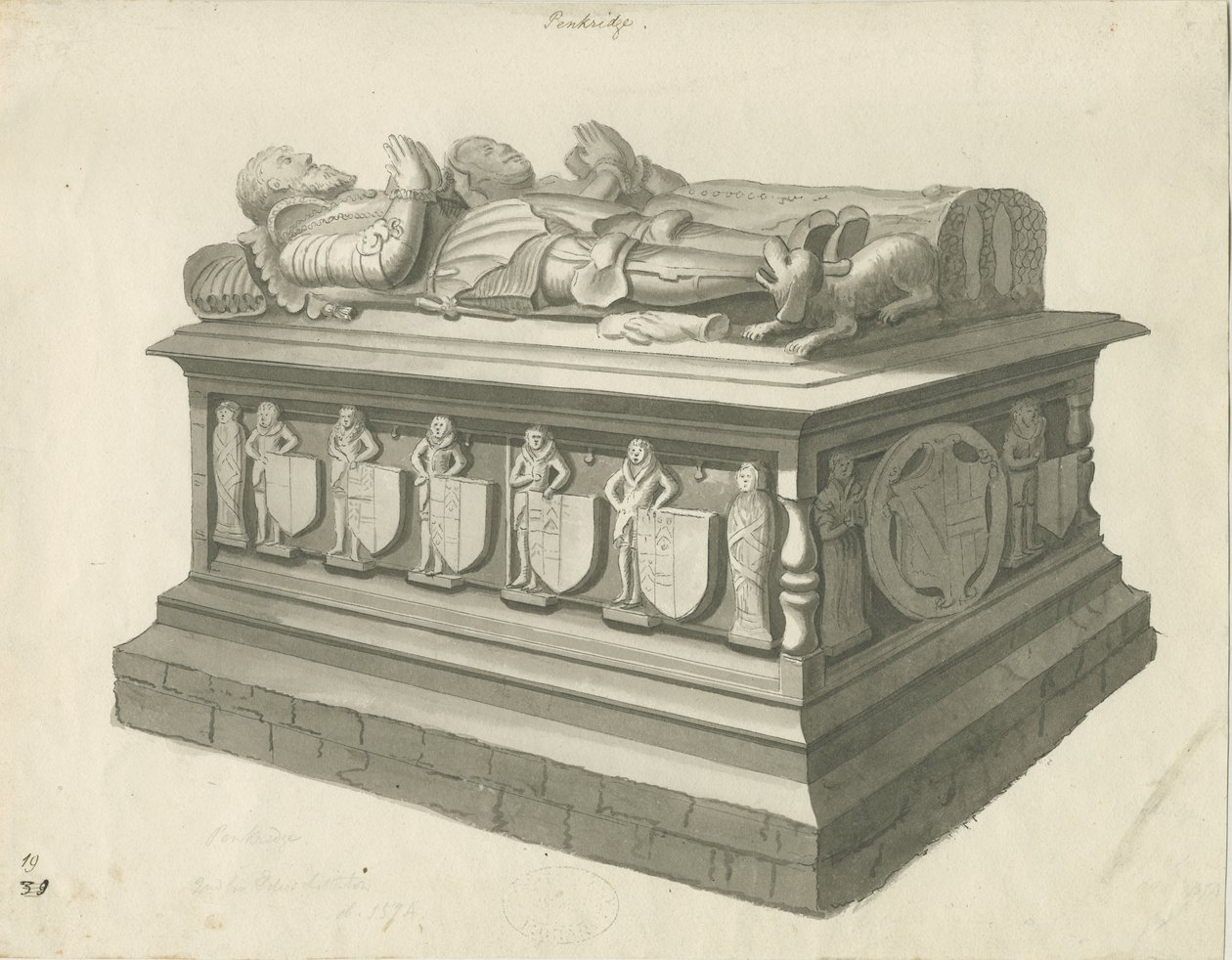 Penkridge Church - Tomb of [Sir Edward Littleton]: sepiateckning, nd [sent 18th cent] (ritning) av T Carter