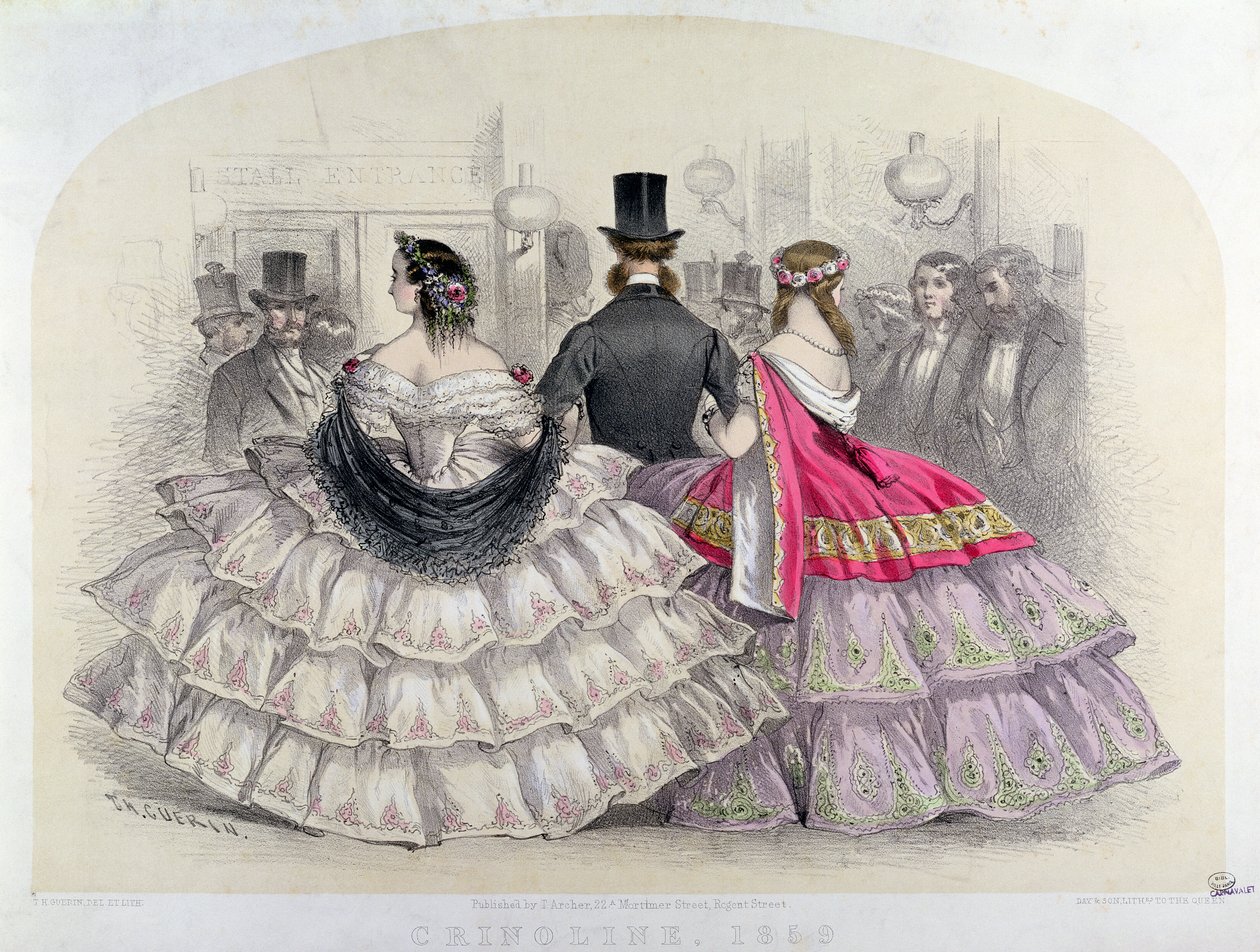 Damer som bär crinolines på Royal Italian Opera, Covent Garden, 1859 (färggravyr) av T. H. Guerin