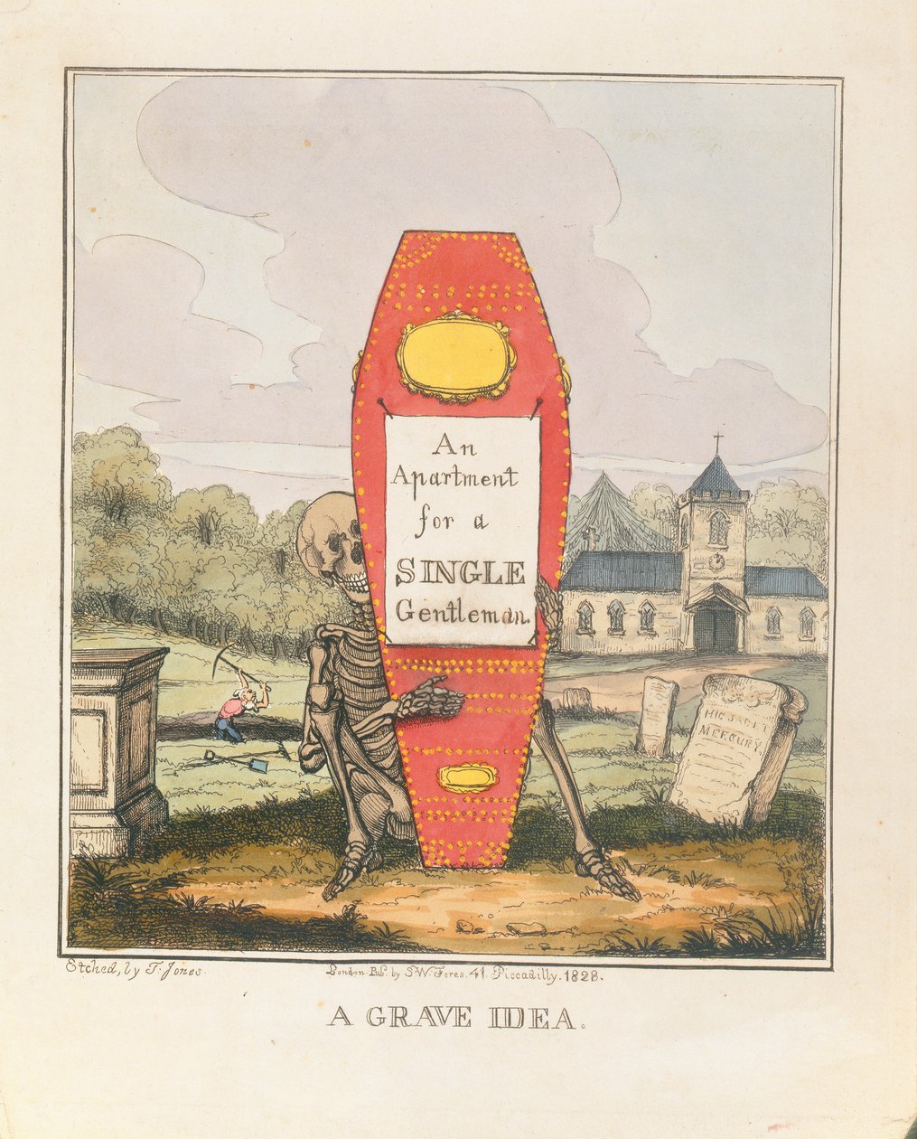 A Grave Idea: An Apartment for a Single Gentleman, pub. 1828 (färggravyr) av T. Hampson Jones