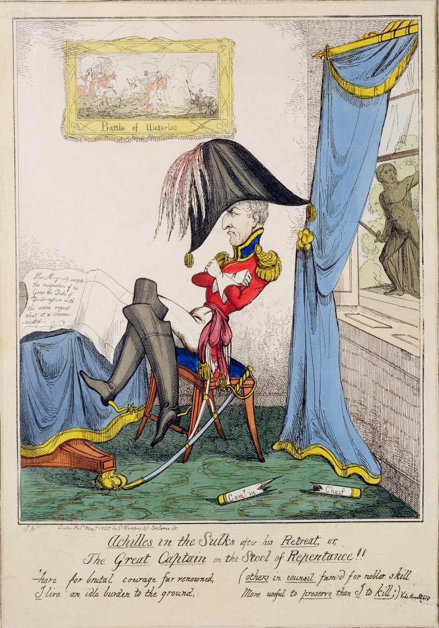 "Akilles in the Sulks After His Retreat eller, The Great Captain on the Pall of Repentance", pub. av G. Humphrey, 7 maj 1827 (färgad gravyr) av T. Jones