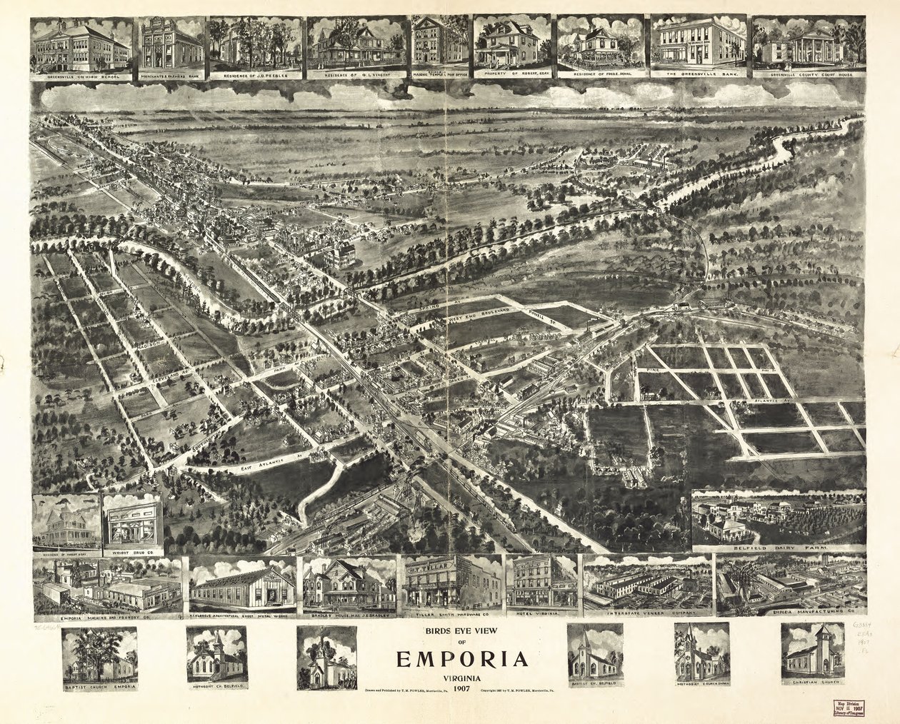 Fågelperspektiv över Emporia, Virginia 1907. av T. M. Fowler