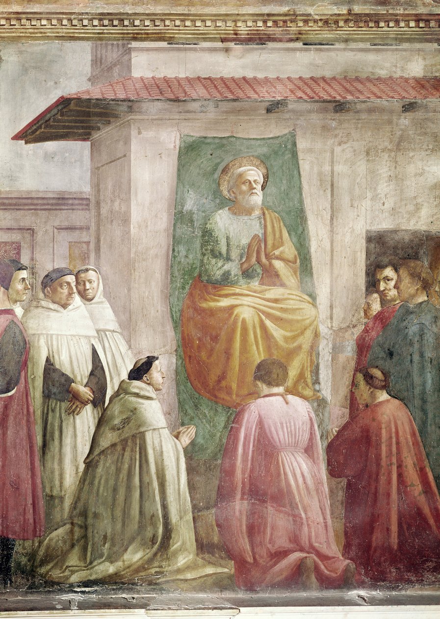 S:t Petrus på tronen, från Theofilos sons uppfostran, och St Peter tronade som förste biskop av Antiokia, ca 1427 och ca 1484-85 (detalj av 63302) av Tommaso Masaccio